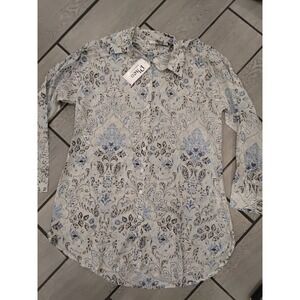 Rhea Womens Blue White Paisley Damask Button Down Cotton Tunic Shirt New